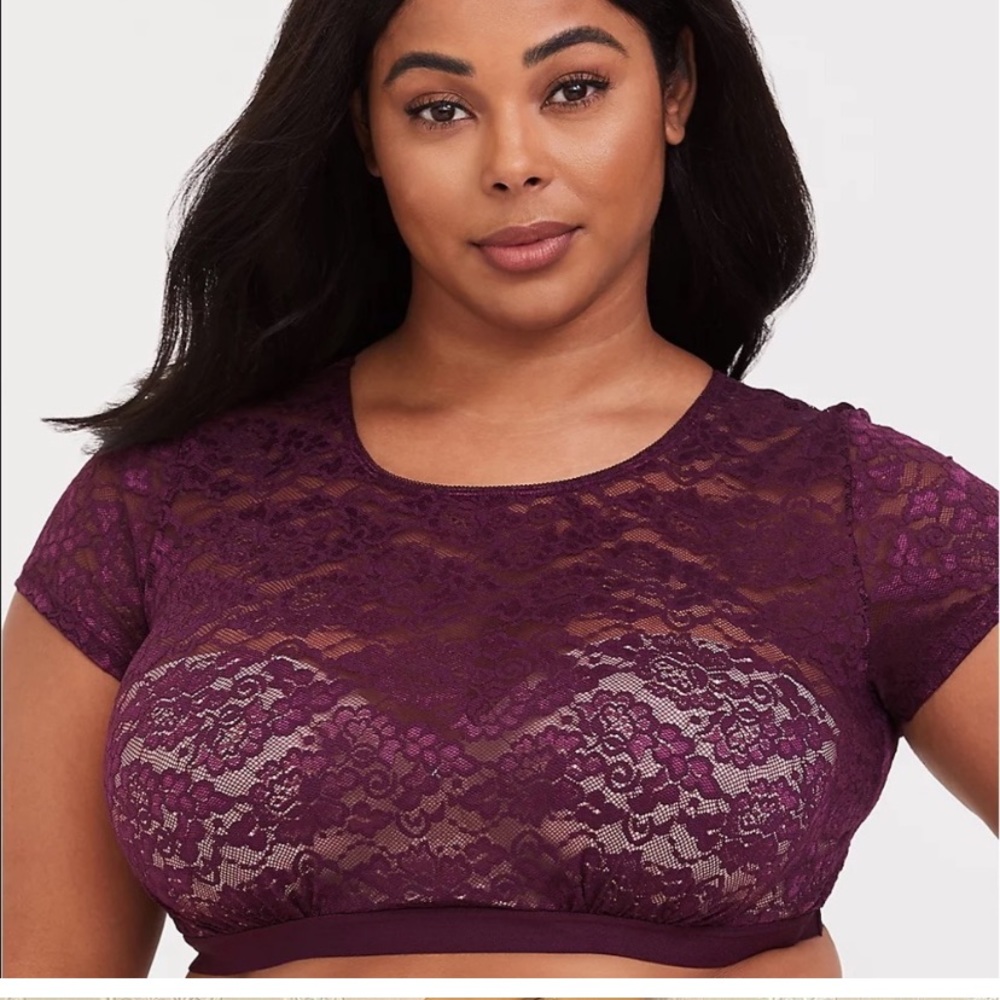 PURPLE LACE SHORT SLEEVE UNDER-IT-ALL CROP TOP